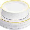 Aya's Cutlery Kingdom 100 White and Gold Plastic Plates for Thanksgiving Dinner - Fancy Plate for Party - 50 (10") Dinner and 50 (7.5") Salad Plates - Heavy Duty, Elegant Disposable Tableware Set