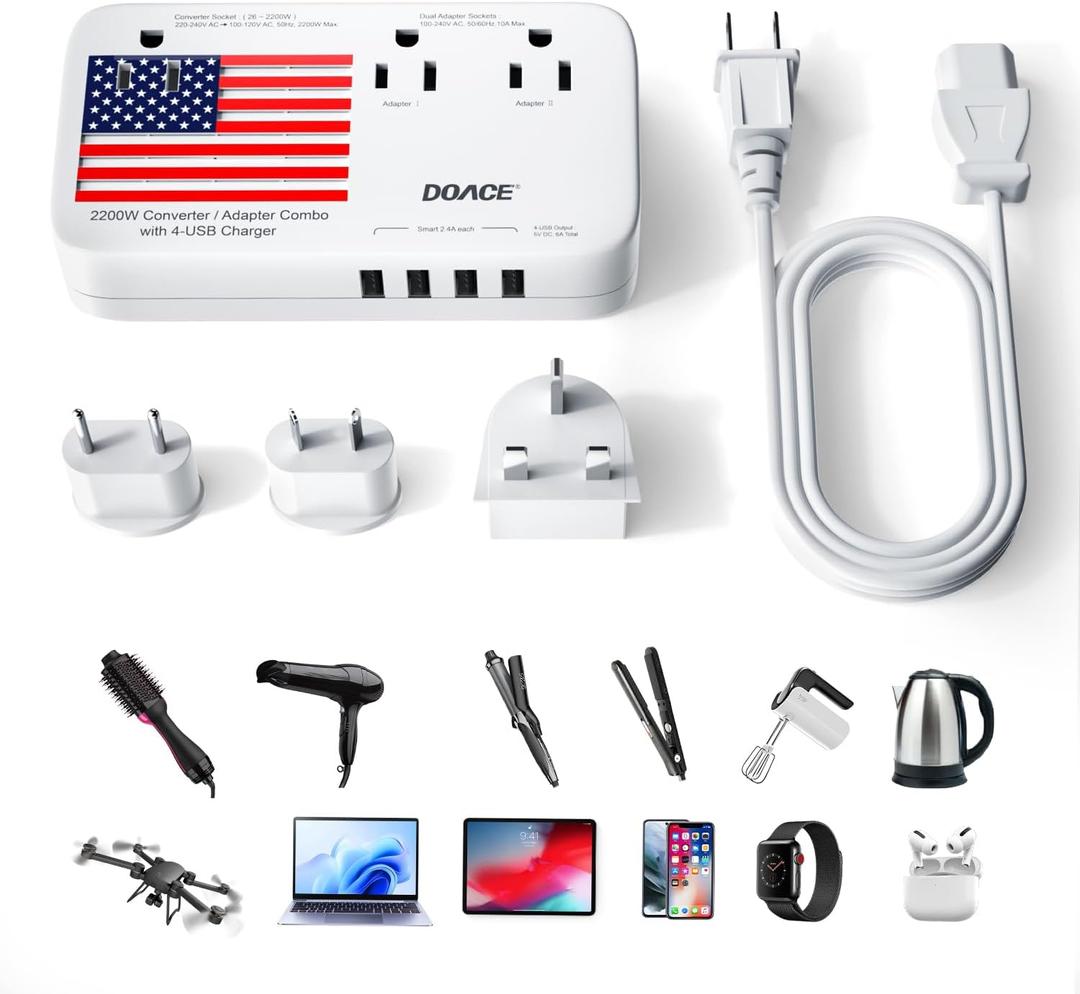 Upgraded 2200W 220V to 110V Converter for European Travel, Voltage Converter US to Europe for Hair Dryer Straightener Curling Iron, 2300W Power Adapter with USB for Laptop Tablet Camera Cell Phone (White)
