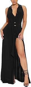 Women's Deep V Neck Long Dresses Sleeveless Collared Button Down High Split Cocktail Wedding Party Maxi Dress