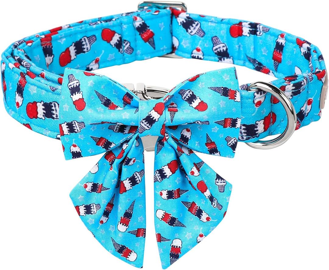 4th of July Dog Collar with Lady Bow, Blue Summer Icecream Flag Day Dog Bowtie Collars, Adjustable Pet Patriotic Collar for Small Medium Large Dogs XL