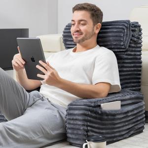 ENITYA Reading Pillow for Sitting in Bed Adult, 24in XXL Back Pillow for Bed Sitting up, Big Pockets & Built-in Arms, Back Support Chair Pillow for Watching TV/Reading/Gaming/Resting/Post Surgery,Grey