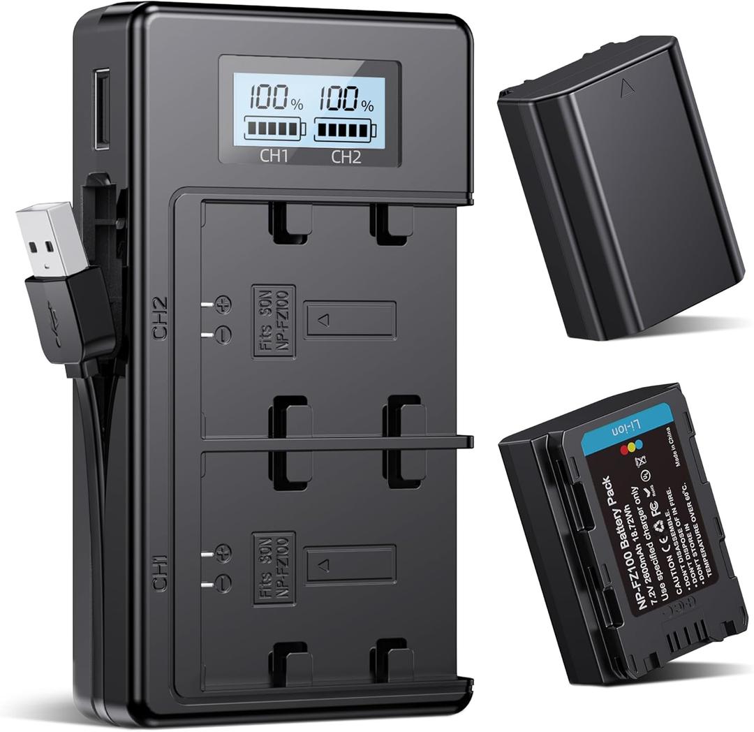 NP-FZ100 Battery, 2x2600mAh Replacement Camera Battery Charger Set for Sony A7III, A7IV, A7C, A7CII, A7R III, A7R IV, A7R V, A7S III, A1, A9, A9R, A9S, A9II, A6600, A6700, FX3, FX30, ZV-E1 Batteries