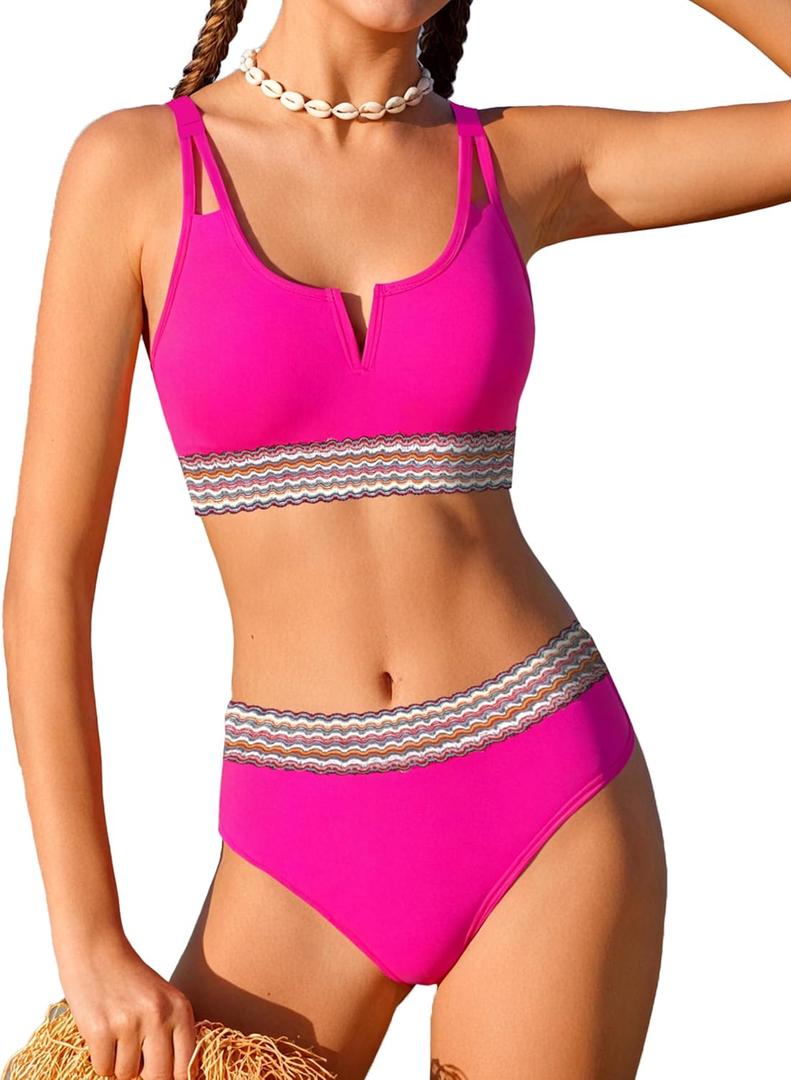 Girls Swimsuit High Waisted Bathing Suit for Girls V-Neck Cutout Two Piece Swimwear Color Block Welt Bikini Set  (13-14 Years, Hot Pink) Girls Swimsuit High Waisted Bathing Suit for Girls V-Neck Cutout Two Piece Swimwear Color Block Welt Bikini Set  (13-14 Years, Hot Pink)
