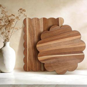 Acacia Wood Scalloped Cutting Boards Set, Decorative Wooden Charcuterie Boards with Handle for Cheese Pizza Meat Fruit Bread Baking, Cottagecore Farmhouse Kitchen Serving Trays Decor, One Size