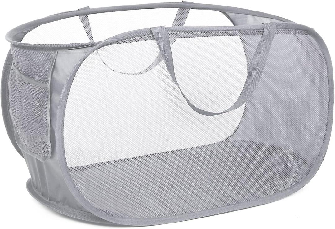 Durable Collapsible Laundry Baskets, Mesh Pop Up Laundry Hamper with Side Pocket, Foldable Clothes Storage Hamper with Reinforced Carry Handles for Laundry, Bathroom, Kids Room, Dorm or Travel Grey (Gray)