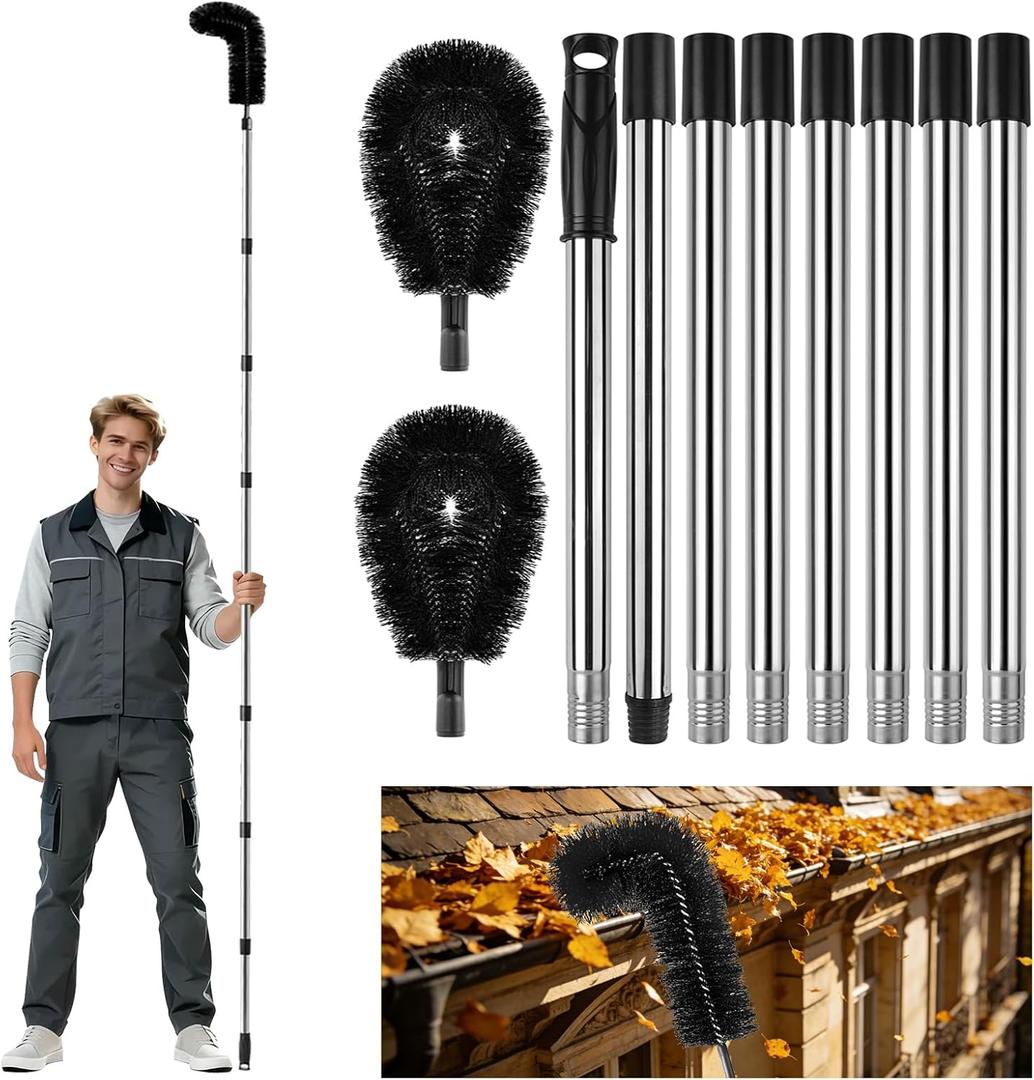 10.5FT Gutter Cleaning Tools from The Ground, Adjustable Rain Gutter Cleaning Brush with Pole, Long-Reach Gutter Cleaner & Brush, Ladder-Free Removal of Leaves, Branches & Debris