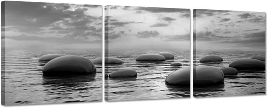 3 Panels Black And White Sea Rock Stone Zen Wall Art Seascape Painting Pictures Print for Home Office Bedroom Bathroom Decor Ready to Hang 12x12inchx3pcs