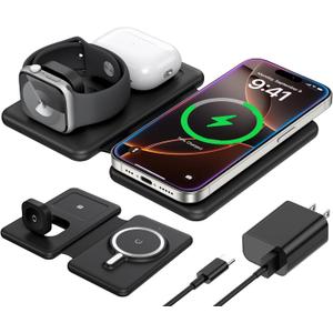 3 in 1 Charging Station for Apple,Travel Charger for Multiple Devices for iPhone,Foldable Magnetic Charger for iPhone 16 15 14 13 12 pro max&AirPods 4/3/Pro/Pro 2&Apple Watch Black