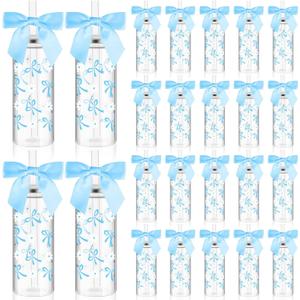 Jingmore 24 Pcs 14 oz Blue Bow Plastic Cups Reusable Coquette White Florets Aesthetic Cute Bottles with Lids and Straws with Ribbon Bow for Women Birthday Bridal Shower Wedding Gifts Party Supplies