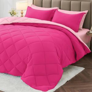 MUXHOMO 7 Pieces King Comforter Set, Reversible Bed in a Bag King Size, All Season Bedding Set with Comforter, Flat Sheet, Fitted Sheet, Pillowcases & Shams, Hot Pink & Baby Pink (King (104"x90"))