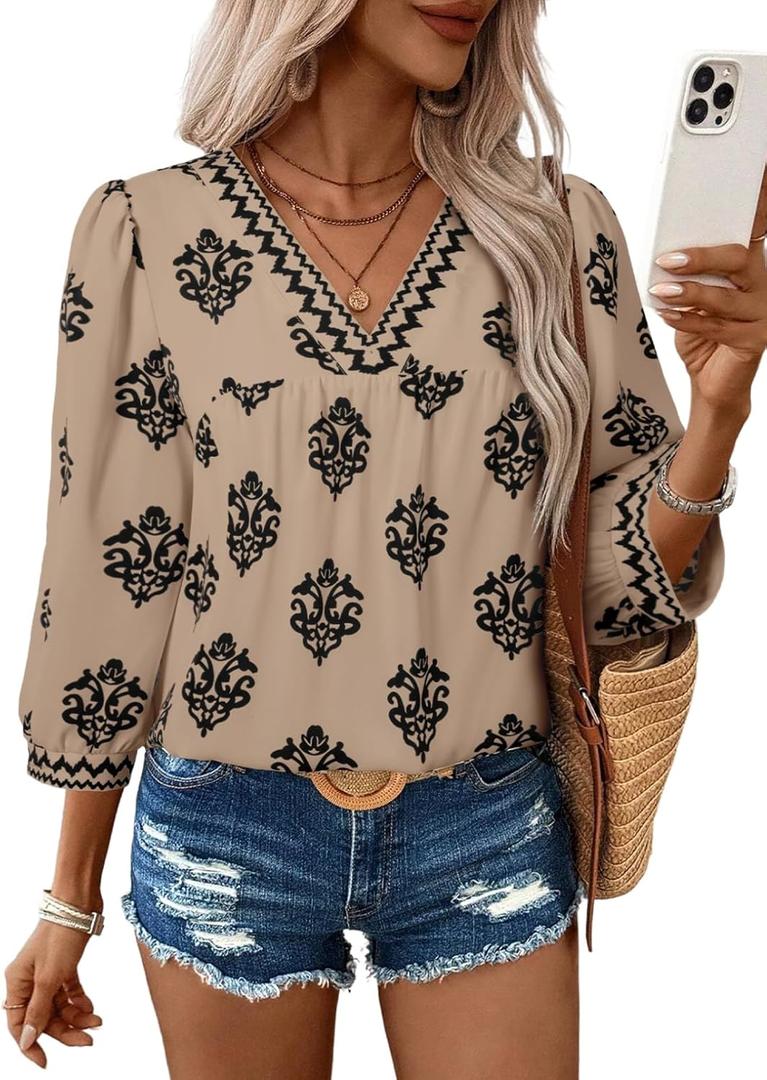 SHEWIN Women's Casual V Neck Floral Print Chiffon Blouses 3/4 Sleeve Boho Summer Tops Shirts (XX-Large, Khaki)