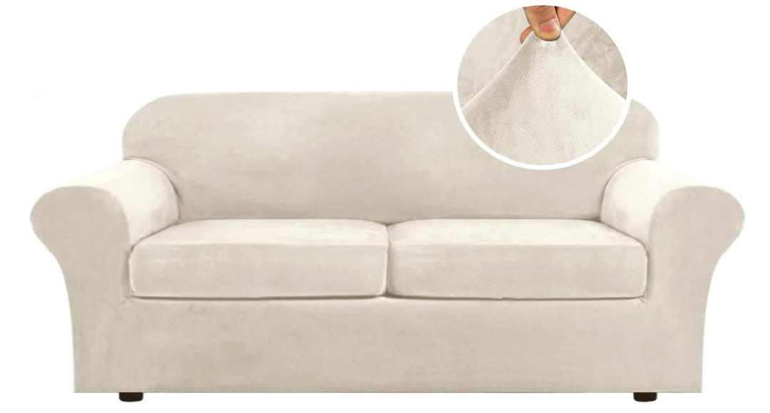 H.VERSAILTEX Real Velvet Plush 3 Piece Stretch Sofa Covers Couch Covers for 2 Cushion Couch Sofa Slipcovers Width Up to 90 Inch Feature Thick Soft Stay in Place (Large Sofa, Ivory)