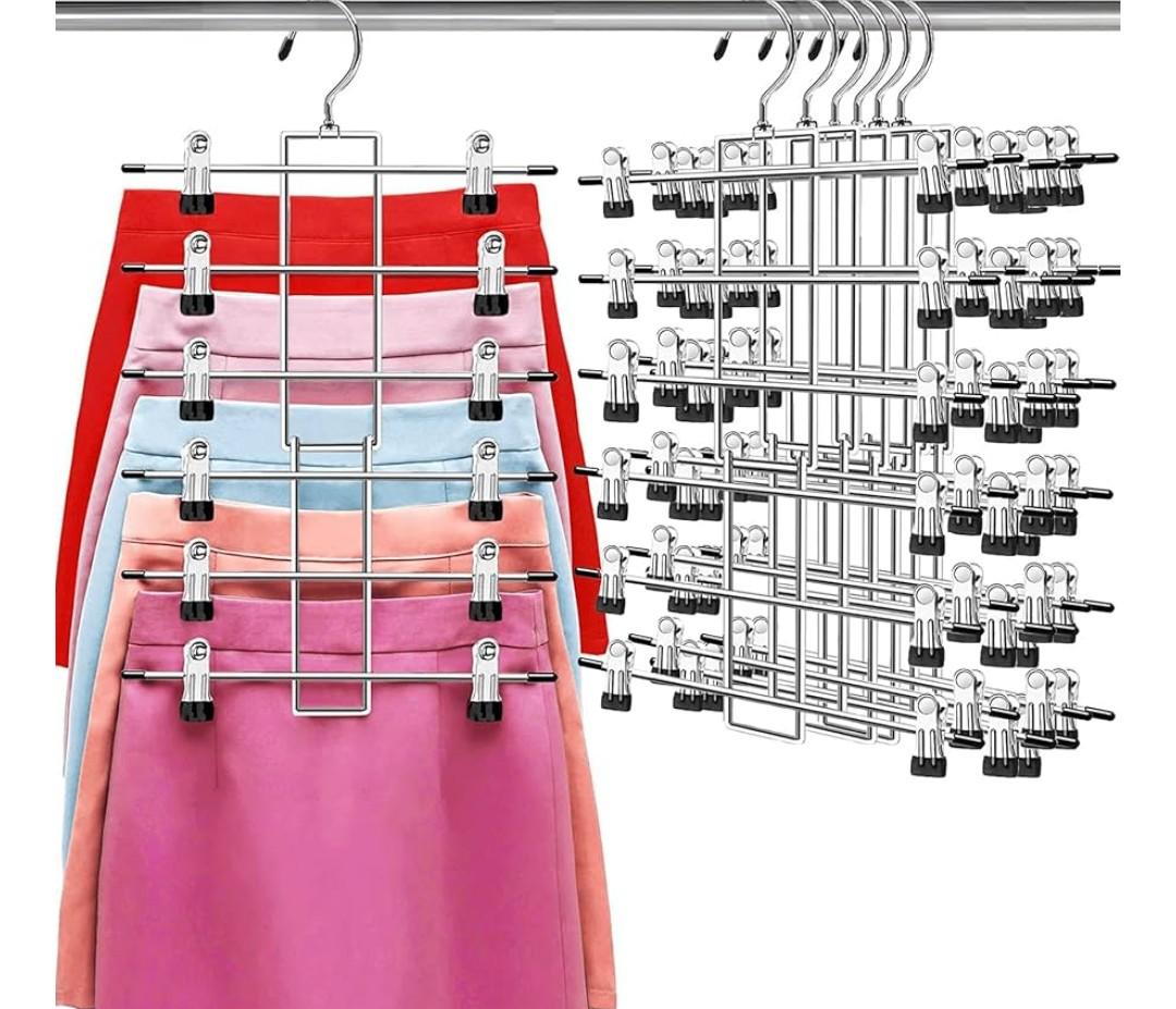 Pants Hangers with Clips,Space Saving Hanging Closet Organizer-6 Tiers Skirt Hangers with 360° Swivel Hook,Closet Organizer-Clothes Hangers- College Dorm Essentials Apartment Essentials- 6 Pack