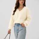 ZAFUL Womens 2025 Cropped Sweaters Fall Chunky Long Sleeve V Neck Clothes Cozy Casual Outfits Winter Trendy (White) M
