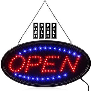 Kanayu 3 Pcs Open LED Neon Sign and Push Pull Stickers Sign Set 19 x 10 Inch Open Electronic Advertisement Display 5 x 2 Inch Vinyl Push Pull Vertical Decal Self Adhesive for Shop Bar