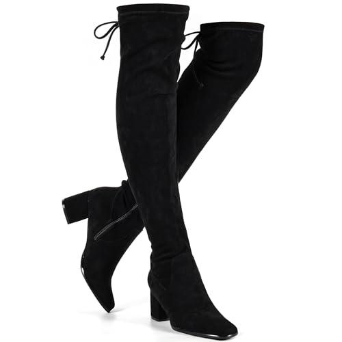 Vipost Square Toe 2.5-inch Thigh High Boots, Suede Over the Knee High Boots for Women, Chunky Block Heel Long Tall Boot with Side Zipper, Fall Winter Fashion 2025, 7
