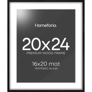 Homeforia Black Wood Frame 20x24, High End Oak 20x24 Wooden Picture Frames with Mat 16x20 Photo, 20 x 24 Poster Frame Matted to 16 by 20 Print, 24x20 Hanging Frames, Tempered Glass, Wall Kit, Set of 1