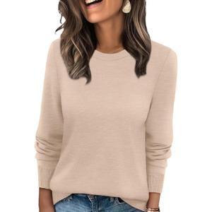 WIHOLL Long Sleeve Shirts for Women Casual Fall Clothes Lightweight Sweaters School Outfits for Teachers Crewneck Crochet Tops Soft Knit Pullover Fashion 2025 Apricot XL