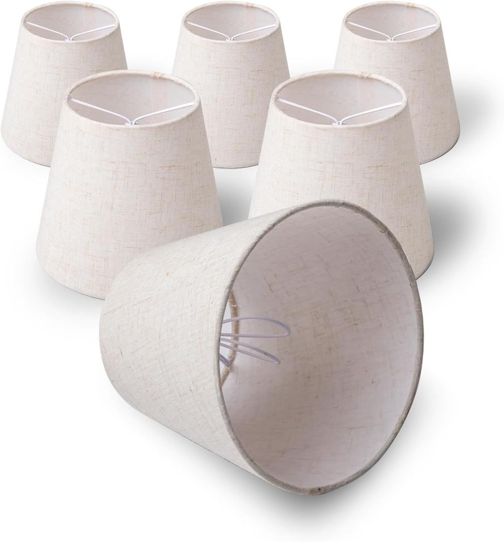 Small Lamp Shade Clip on Bulb for Candelabra Bulbs, Mini Lampshades for Chandeliers, Home Decor Barrel Beige Fabric Linen Lampshade for Table Chandelier Wall Lamp Ceiling Lamps 4x6x5 Inch (6, BEIGE)