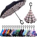 Inverted Umbrella, 49 Inch Double-Layer Vented Reverse Umbrella, Windproof Waterproof UV Protection, Lightweight C-Handle, Fiberglass Ribs, Steel Shaft, Travel/Commute/Car Use, With Sleeve