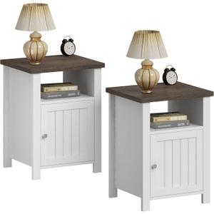 ChooChoo Farmhouse Nightstands Set of 2, Rustic Vintage End Side Table with Storage and Open Shelf, Small Bedside Tables for Bedroom, White