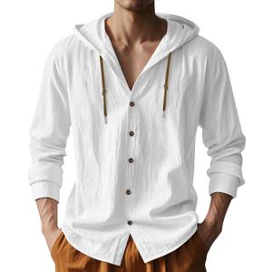 PIDOGYM Men Cotton Linen Long Sleeve Button Down Shirt Summer Casual Hawaiian Beach Tops Lightweight Fashion Hoodies (White, XXL)