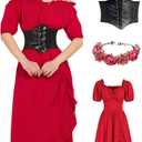 Renaissance Costume Women Ren Faire Outfit Cottage Core Medieval Corset Green Red Dress With Accessories 5PCS (Size Small)
