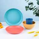 LIYH 32 Pcs Wheat Straw Dinnerware Sets - Plastic Plates and Bowls Set,Reusable Plastic Plates,Dishes Set for 8,Unbreakable & Dishwasher Dinnerware Stes,Thanksgiving Halloween Fall Decor (Yellow Orange Blue Nave Blue)