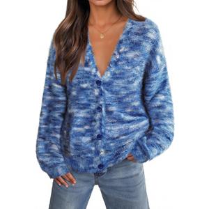 MEROKEETY Women's Fall Fuzzy Colorful Knit Cardigan Sweaters Winter Button Down Boho Casual Long Sleeve Outerwear Top (Blue, XL)