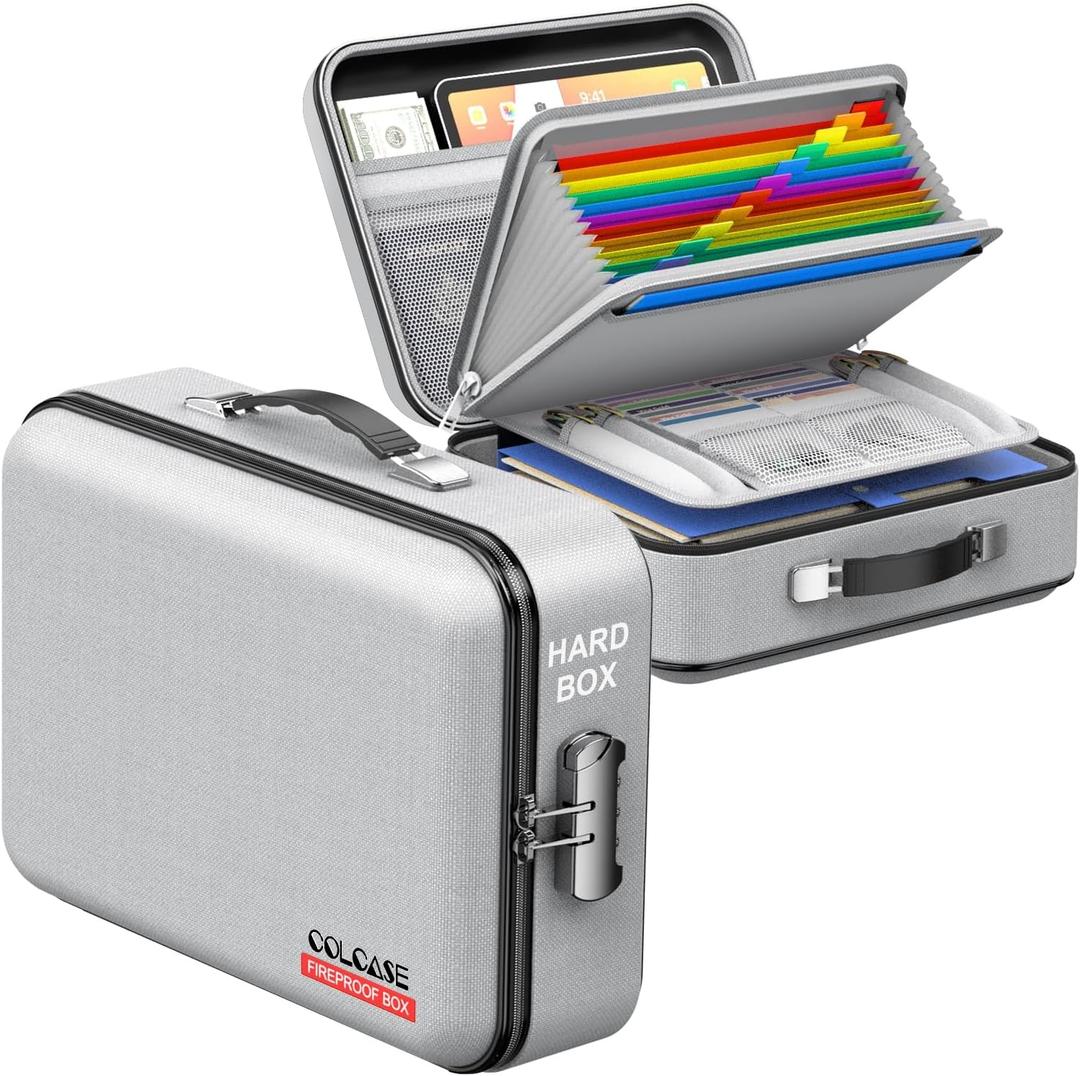COLCASE Fireproof Document Box, Hard Case Fireproof File Organizer with Lock Hard-Shell Design Fireproof Water Resistant Safe Box for Important Documents Certificates Laptop Passports Gray