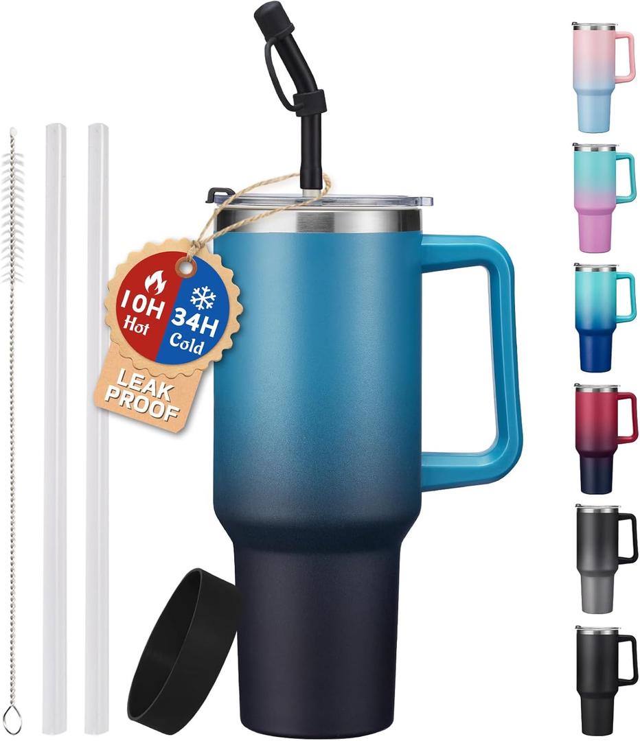 Insulated Tumbler with Straw and Spout Lid - 40 oz Water Bottle w/Handle, Dustproof Cover, Protective Boot, Spill-proof Stainless Steel Hydro Travel Cup Fit Car Cupholder, Coffee Mug (Indigo Black)
