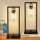 16" Set of 2 Industrial Table Lamps with USB A+C Charging Ports and AC Outlet, Fully Stepless Dimmable Bedside Lamps with Seeded Glass Shade for Bedroom Living Room Office, LED Bulbs Included