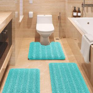 ACCUMTEK Striped Teal Green Bathroom Rug Set 3 Pieces Ultra Soft, Non Slip Chenille Toilet Mat, Absorbent Plush Shaggy Bath Mats for Bathroom, Bedroom, Kitchen, Turquoise (2'8"x1'8"+2'1'5"+U Shape 2'x1'8")