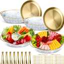 Baderke 4 Sets 11.8" Chilled Serving Tray for Parties Round Iced Platter with Ice Underneath Stainless Steel Clip Fruit Fork Shrimp Cocktail Serving Dish for Oysters Crawfish Fruits (Gold)
