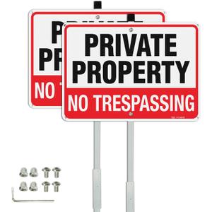 T&R Large No Trespassing Sign Private Property Sign with 36" Stake for Outside - 2 Pack - 14"x10" .040 Rust Free Heavy Aluminum, Reflective, Waterproof, Weatherproof and Fade Resistant, 6 pre-drilled holes,Includes Matching Screws & Wrench, Easy to Mount