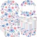 250 Pcs Spring Flower Party Decorations Include Watercolor Floral Paper Plates Napkins and Cups for Summer Wedding Baby Shower Tea Decorations, Serve 50 Guest (Blue and Pink)