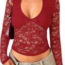 Womens Long Sleeve Going Out Tops Lace V Neck Mesh Crop Shirts Sexy Cute Y2K Fall Trendy Outfits 2026, XXL