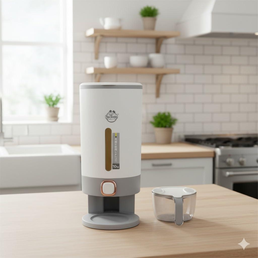 Rice Dispenser 22 Lbs(10 kg), Rice Storage Container Sealed Moisture Proof with Measuring Cup for Kitchen Pantry Household, BPA-Free, Grey 1 Pack