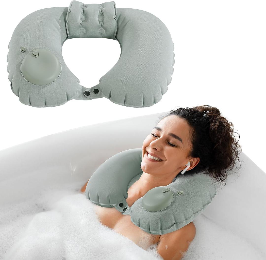 MABOZOO Inflatable Bath Neck Pillows for Tub & Shower - Head & Neck Support, Grey U-Shaped Travel Pillow for Airplane 2 Pack