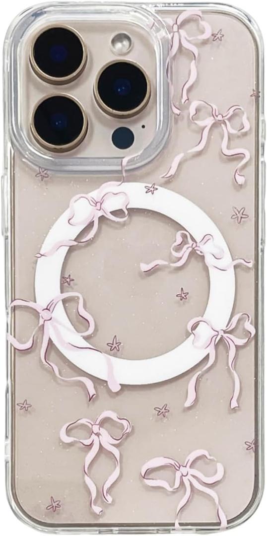 Magnetic Pink Bow Glitter Clear Case for iPhone 16 Pro 6.3[Compatible with MagSafe],Aesthetic Trendy Cute Star Y2K Bling Anti-Yellow Stylish Protective Cover for iPhone 16pro 6.3"