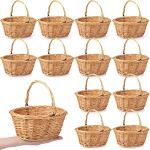 Barydat Small Wicker Basket with Handle Flower Girl Baskets Oval Willow Woven Braided Gift Basket for Weddings Picnic Baby Shower Home Garden Decor(12 Pcs,Khaki,9" x 7" x 4")
