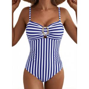 Aleumdr Womens Striped One Piece Swimsuit Tummy Control Bathing Suit with Metal Ring Cutout Swimwear (Large)
