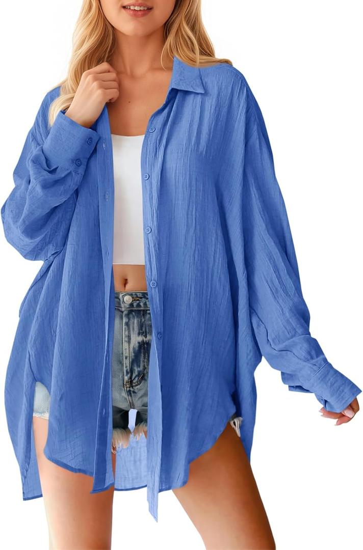 Saodimallsu Womens Oversized Button Down Shirts Long Sleeve Irregular Hem Blouse Tops, Small