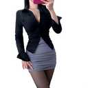 Slim Fitting Sexy Long Sleeved Shirt with Row Collar and Button Pleated Waist for Women's Shirt (US, Alpha, Small, Regular, Regular, Khaki)