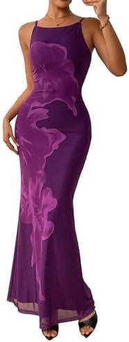PRETTYGARDEN Womens Summer Dresses 2025 Elegant Spaghetti Straps Evening Gown Floral Print Bodycon Maxi Mesh Sundress, Purple Floral 