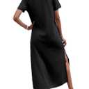 Dyexces Women Summer T Shirt Dress Casual Short Sleeve T Shirts V Neck Maxi Dresses Loose Tshirts Side Slit Long Tshirt Midi Dress with Pockets B-Black XL