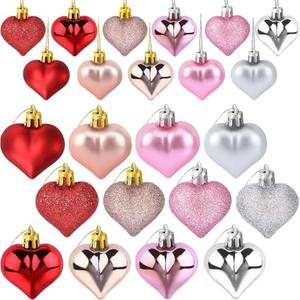 2 x 36 Pcs Valentines Heart Shaped Ornaments Valentine Heart Decorations Pink Red Silver Rose Gold Heart Ornaments for Romantic Christmas Wedding Anniversary Valentines Tree Hanging Decorations