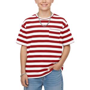 Boys Oversized Striped T-Shirt with Chest Pocket Short Sleeve Crew Neck Casual Summer Tee for Boys 5-14 (Red)