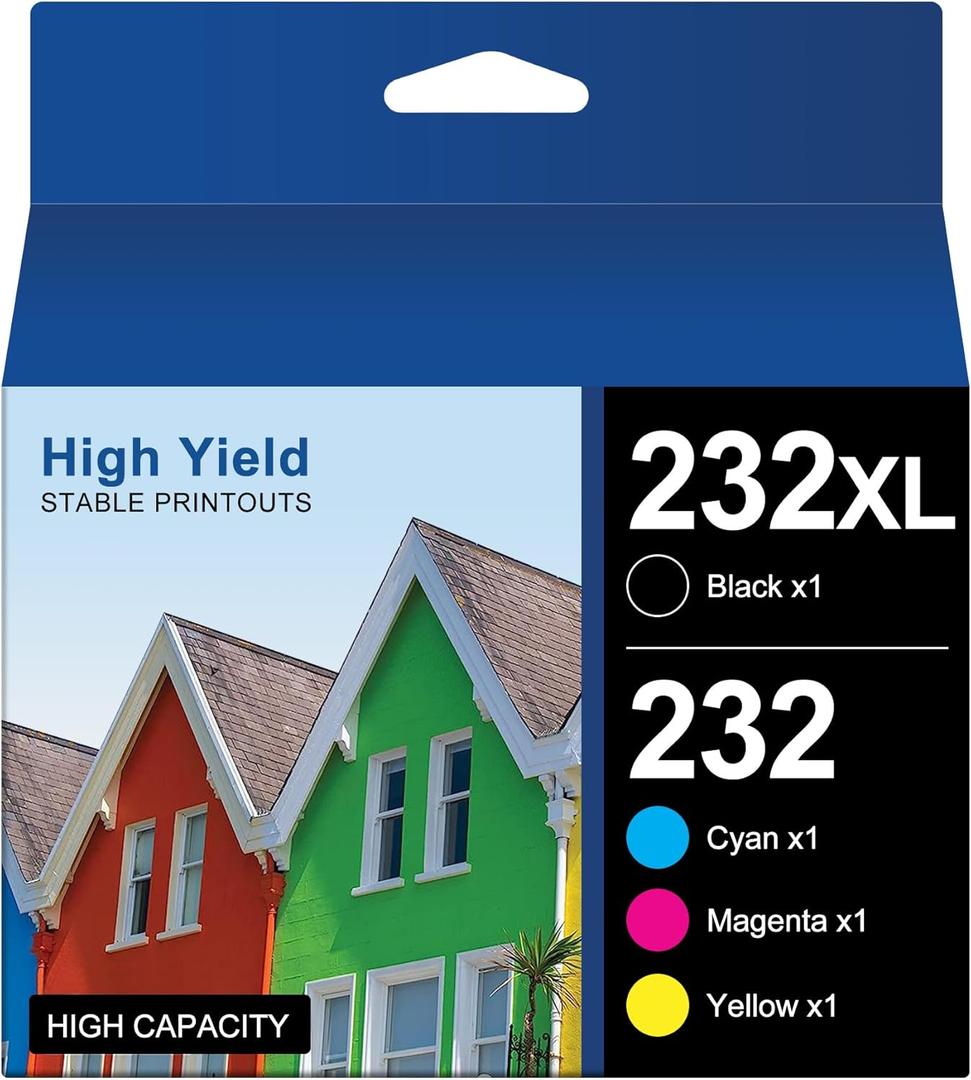 232XL Ink Cartridges for Epson Printer Remanufactured for Epson 232XL Ink Cartridges Combo Pack for Expression Home XP-4200 XP-4205 Workforce WF-2930 WF-2950 XP4200 WF2950 (4 Pack) (Black, Cyan, Magenta, Yellow for 232XL T232)