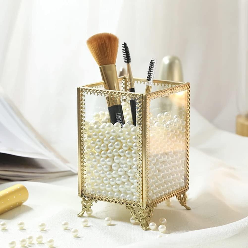 Makeup Brush Holder Vintage Glass Handmade Organizer with White Pearls for Nail Brush, Vanity, Bathroom, Dresser, Countertop - Gold